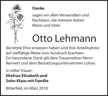 Traueranzeige von Otto Lehmann von WVG - Wochenspiegel Bitterfeld