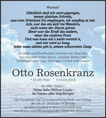 Traueranzeige von Otto Rosenkranz von WVG - Wochenspiegel Merseburg