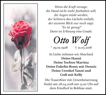 Traueranzeige von Otto Wolf von Mitteldeutsche Zeitung Bitterfeld