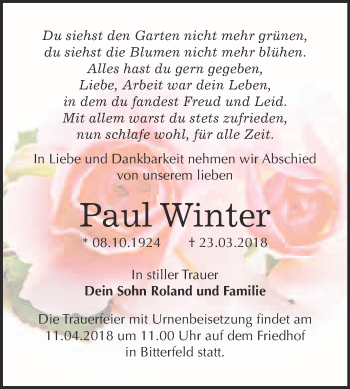 Traueranzeige von Paul Winter von WVG - Wochenspiegel Bitterfeld