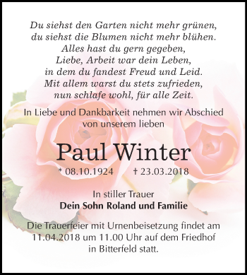 Traueranzeige von Paul Winter von Mitteldeutsche Zeitung Bitterfeld