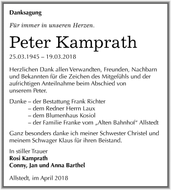 Traueranzeige von Peter Kamprath von Mitteldeutsche Zeitung Sangerhausen