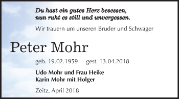 Traueranzeige von Peter Mohr von Mitteldeutsche Zeitung Zeitz