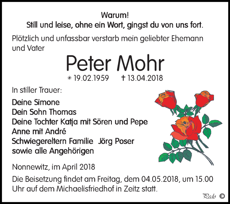  Traueranzeige für Peter Mohr vom 21.04.2018 aus Mitteldeutsche Zeitung Zeitz
