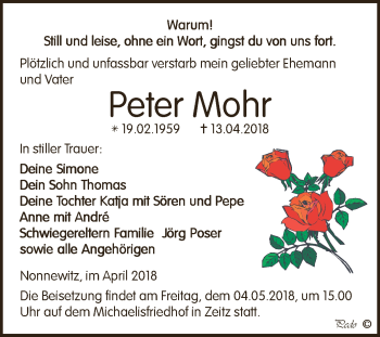 Traueranzeige von Peter Mohr von Super Sonntag Zeitz