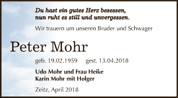 Traueranzeige von Peter Mohr von Super Sonntag Zeitz