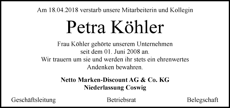  Traueranzeige für Petra Köhler vom 28.04.2018 aus Mitteldeutsche Zeitung Dessau-Roßlau