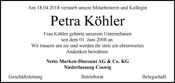 Traueranzeige von Petra Köhler von Mitteldeutsche Zeitung Dessau-Roßlau