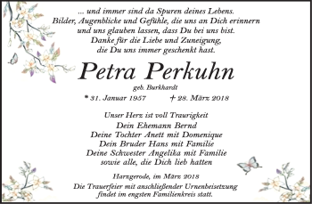 Traueranzeige von Petra Perkuhn von WVG - Wochenspiegel Quedlinburg