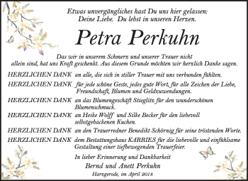 Traueranzeige von Petra Perkuhn von WVG - Wochenspiegel Quedlinburg