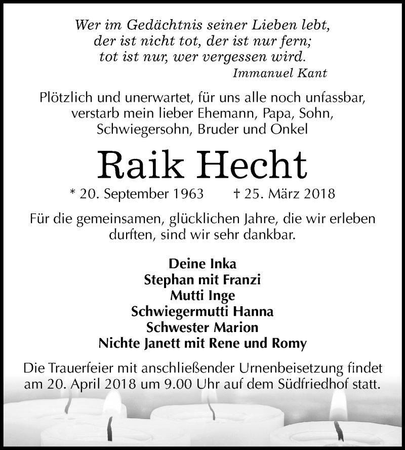  Traueranzeige für Raik Hecht vom 07.04.2018 aus Mitteldeutsche Zeitung Halle/Saalkreis