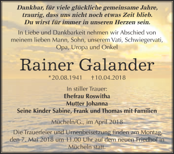 Traueranzeige von Rainer Galander von WVG - Wochenspiegel Merseburg