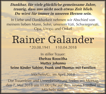 Traueranzeige von Rainer Galander von Mitteldeutsche Zeitung Merseburg/Querfurt