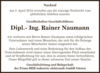 Traueranzeige von Rainer Naumann von Super Sonntag Bernburg