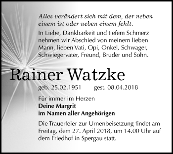 Traueranzeige von Rainer Watzke von Mitteldeutsche Zeitung Merseburg/Querfurt