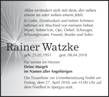 Traueranzeige von Rainer Watzke von WVG - Wochenspiegel Merseburg