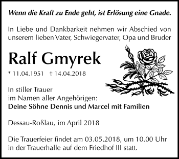 Traueranzeige von Ralf Gmyrek von Mitteldeutsche Zeitung Dessau-Roßlau