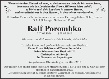 Traueranzeige von Ralf Porombka von Super Sonntag SGH Mansf. Land