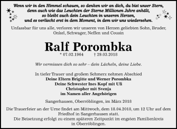 Traueranzeige von Ralf Porombka von Mitteldeutsche Zeitung Sangerhausen