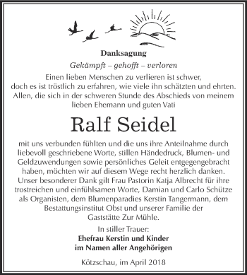 Traueranzeige von Ralf Seidel von Super Sonntag Merseburg