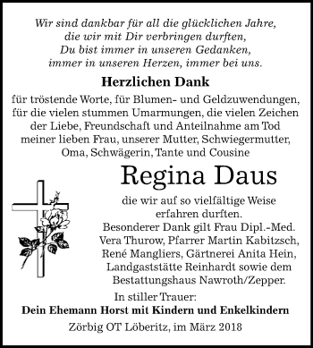 Traueranzeige von Regina Daus von WVG - Wochenspiegel Bitterfeld