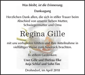 Traueranzeige von Regina Gille von Super Sonntag Aschersleben