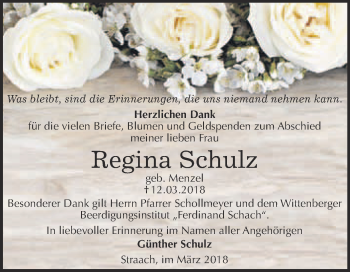 Traueranzeige von Regina Schulz von WVG - Wochenspiegel Wittenberg
