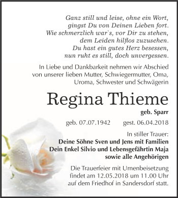 Traueranzeige von Regina Thieme von WVG - Wochenspiegel Bitterfeld
