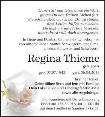 Traueranzeige von Regina Thieme von Mitteldeutsche Zeitung Bitterfeld