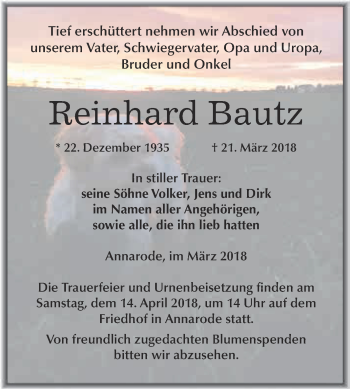 Traueranzeige von Reinhard Bautz von Super Sonntag SGH Mansf. Land