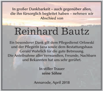 Traueranzeige von Reinhard Bautz von Super Sonntag SGH Mansf. Land