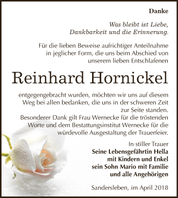 Traueranzeige von Reinhard Hornickel von Super Sonntag SGH Mansf. Land