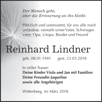Traueranzeige von Reinhard Lindner von WVG - Wochenspiegel Wittenberg