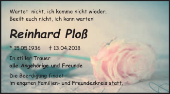 Traueranzeige von Reinhard Ploß von WVG - Wochenspiegel Bitterfeld