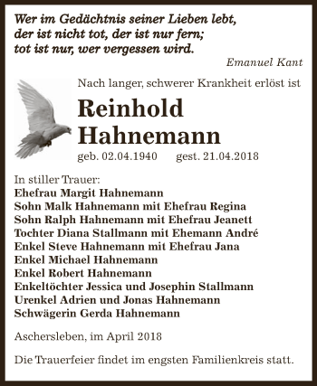 Traueranzeige von Reinhold Hahnemann von Super Sonntag Aschersleben