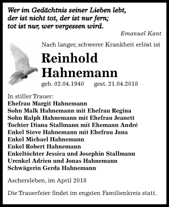 Traueranzeige von Reinhold Hahnemann von Mitteldeutsche Zeitung Aschersleben