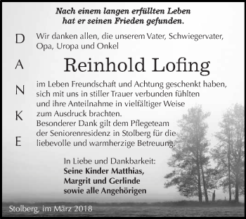 Traueranzeige von Reinhold Lofing von Super Sonntag SGH Mansf. Land
