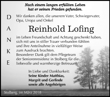 Traueranzeige von Reinhold Lofing von Mitteldeutsche Zeitung