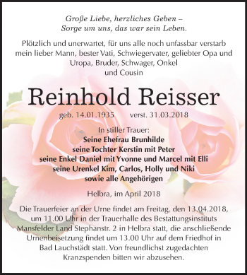 Traueranzeige von Reinhold Reisser von Mitteldeutsche Zeitung