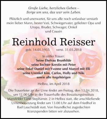 Traueranzeige von Reinhold Reisser von Wochenspiegel Mansfelder Land
