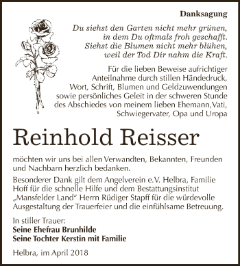 Traueranzeige von Reinhold Reisser von Wochenspiegel Mansfelder Land