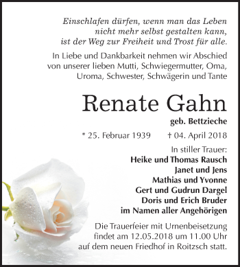 Traueranzeige von Renate Gahn von Mitteldeutsche Zeitung Bitterfeld