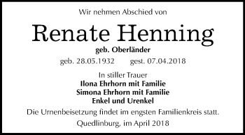 Traueranzeige von Renate Henning von WVG - Wochenspiegel Quedlinburg
