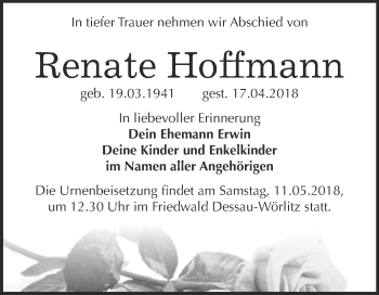 Traueranzeige von Renate Hoffmann von Super Sonntag Wittenberg