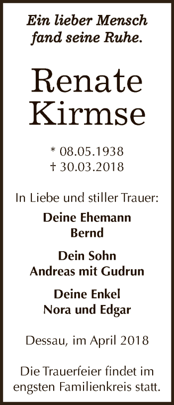 Traueranzeige von Renate Kirmse von WVG - Wochenspiegel Dessau / Köthen