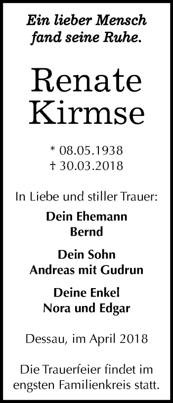 Traueranzeige von Renate Kirmse von Mitteldeutsche Zeitung Dessau-Roßlau