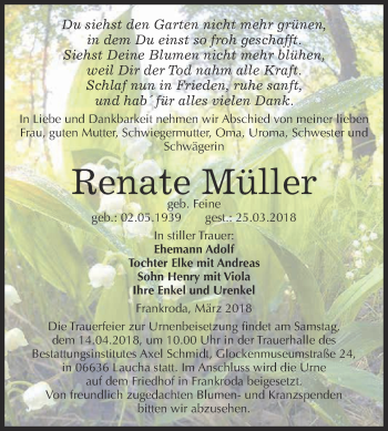 Traueranzeige von Renate Müller von WVG - Wochenspiegel NMB / WSF / ZTZ