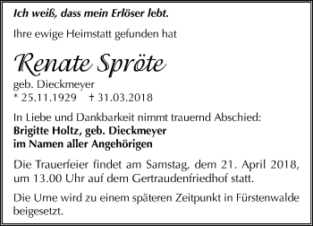 Traueranzeige von Renate Spröte von Mitteldeutsche Zeitung Halle/Saalkreis
