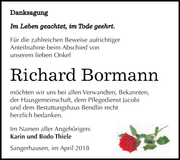 Traueranzeige von Richard Bormann von Super Sonntag SGH Mansf. Land