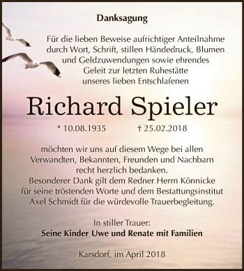 Traueranzeige von Richard Spieler von WVG - Wochenspiegel NMB / WSF / ZTZ
